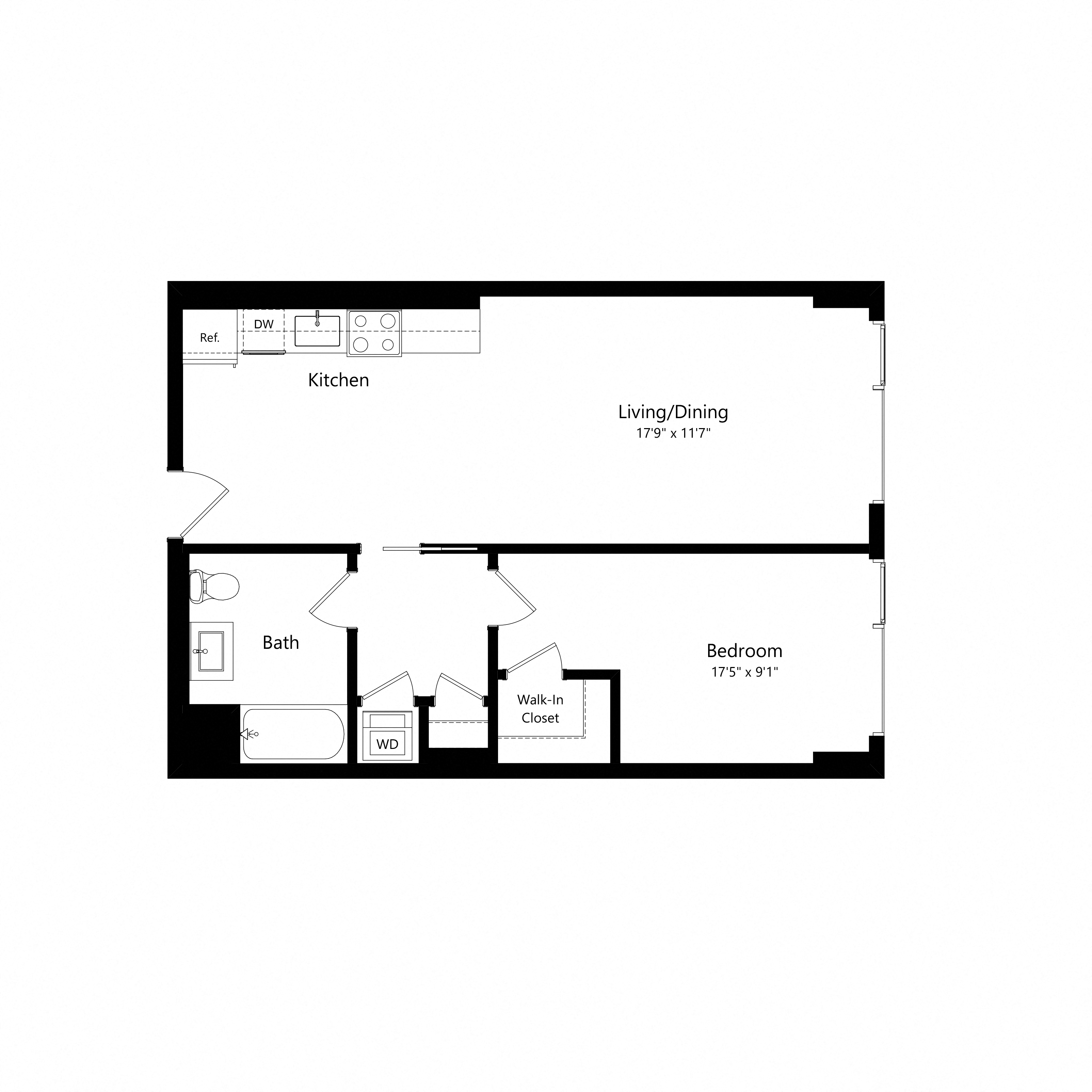 Floor plan for 1 bed, 1 bath, 715 sqft
